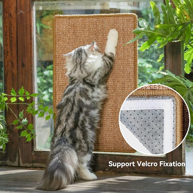 FUKUMARU Cat Scratcher Mat, 23.6 X 15.7 Inch Natural Sisal Cat Scratch Mat | Horizontal Cat Scratching Pad Mat Floor Rug with Sticky Tapes, Cat Wall Scratcher for Indoor Cats, Protect Couch and Carpet