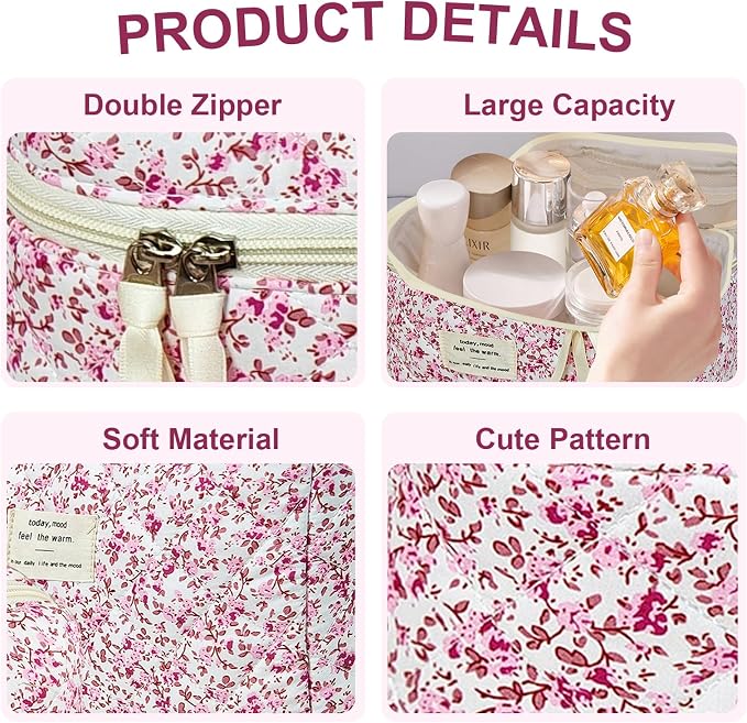 GISMTR 3Pcs Makeup Bag Cotton Quilted Travel Cosmetic Bag Cute Floral Makeup Pouch Large Toiletry Bag for Women Girls