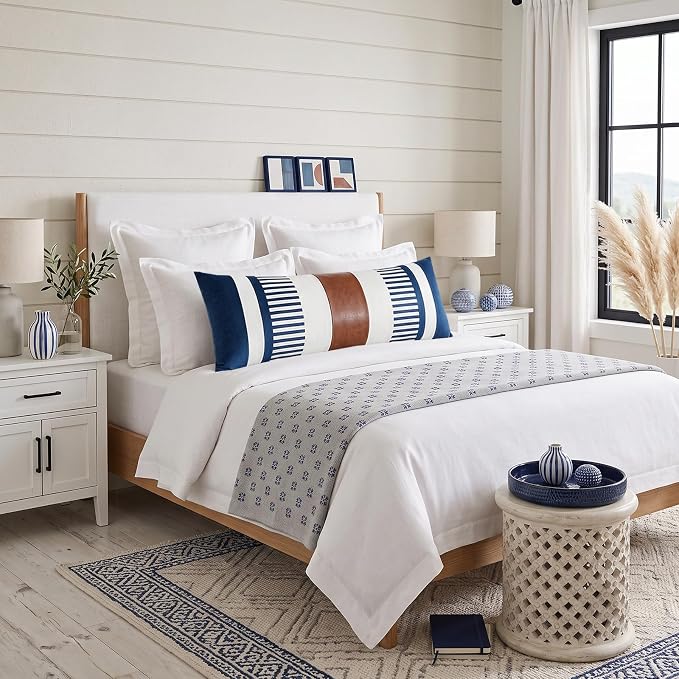 14x36 Lumbar Pillow Cover, Navy Blue Stripe and Brown Faux Leather Color Block Long Throw Pillow Case for Couch Bed Sofa, Farmhouse Modern Decorative Body Cushion Cover for Covered Porch