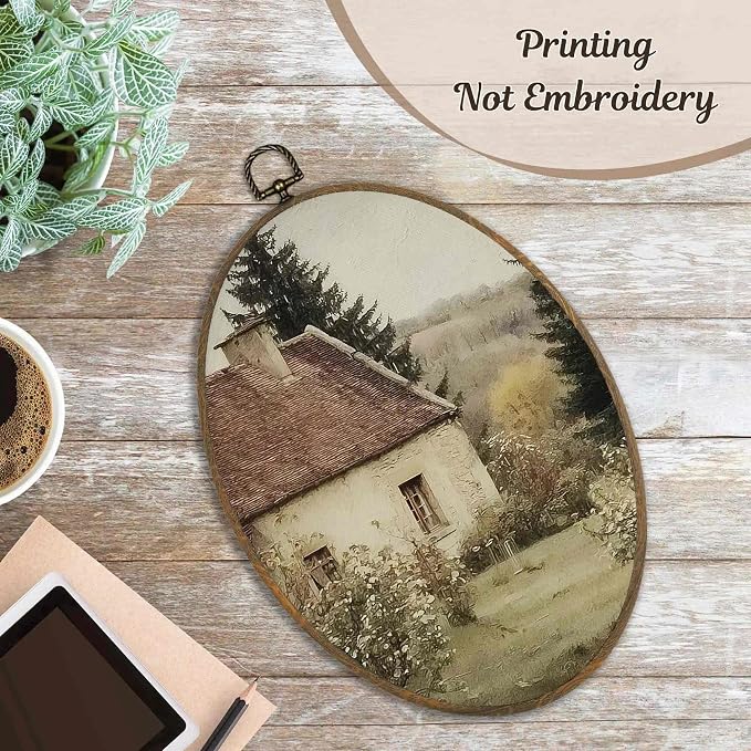 LKETW Rustic Farmhouse Country Oval Wall Art Decor, Cottagecore Antique Oval Canvas Hanging Decor, Vintage Countryside Landscape Wall Decorations for Home Bedroom Living Room, 8.6x11.4 Inch
