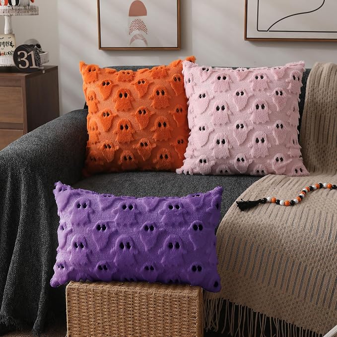 DFXSZ Halloween Pillow Covers 12x20 inch 2Pcs Purple Ghost Halloween Decor | Halloween Decorations Set of 2 Throw Pillow Cases Plush Faux Fur Wool Cushion for Chair Sofa Bedroom Living Room Home Decor