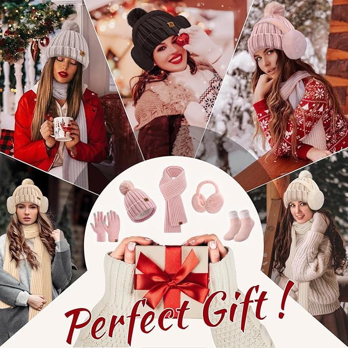 Yusongirl Winter Women Scarf Gloves Beanie Ear Muffs Socks Set Cold Weather Warm Knit Hat Fleece Long Neck Warmer 5 in 1 Set