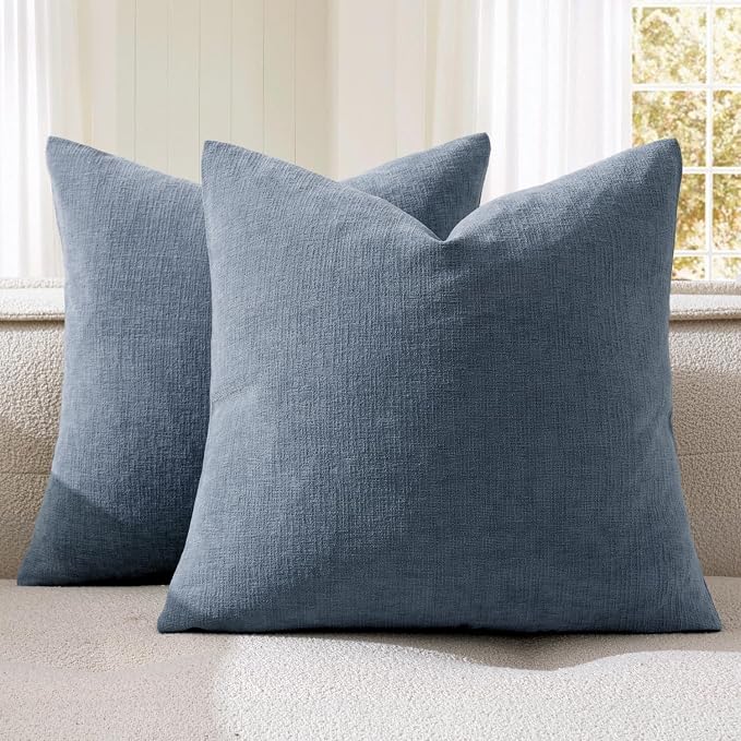MIULEE Dark Grey Blue Chenille Couch Throw Pillow Covers, 20x20 | Set of 2, Soft Coastal Home Decor, Modern Farmhouse Decorative Pillowcases for Sofa Living Room Bed