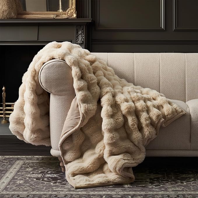 Faux Rabbit Fur Bubble Throw Blanket, 60"x80", Cream | Ultra Soft, Luxury Faux Rabbit Fur Throw, Thick Warm Bubble Blanket, Cozy Fluffy Reversible, for Bed, Couch, Chair, Sofa