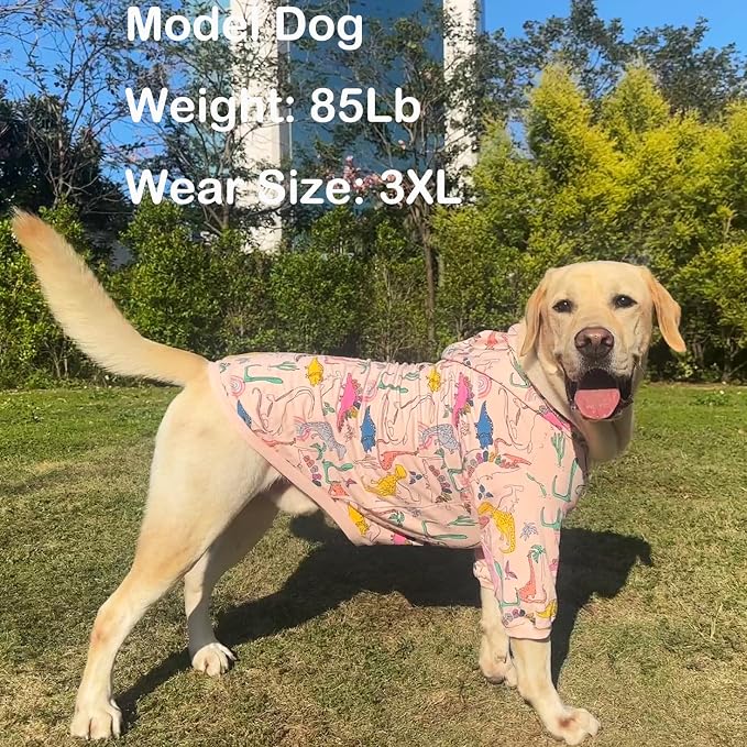 Dog Cotton Hoodie Pullover Sweatshirts Soft and Stretch Pets Clothes Colorful Dinosaur Hooded for Medium Large Dogs（Pink Dino L）
