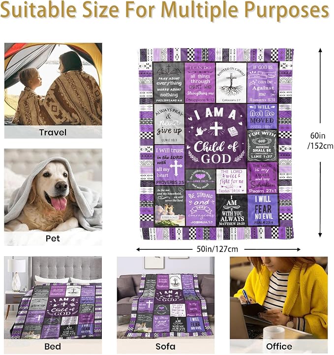 Christian Gifts for Women, Happy Birthday Gifts for Women, I Am a Child of God Blanket, Inspirational Gifts for Mom, Friend, Daughter, Sister, Baptism Gift for Girl Blanket 50''x60'' Purple