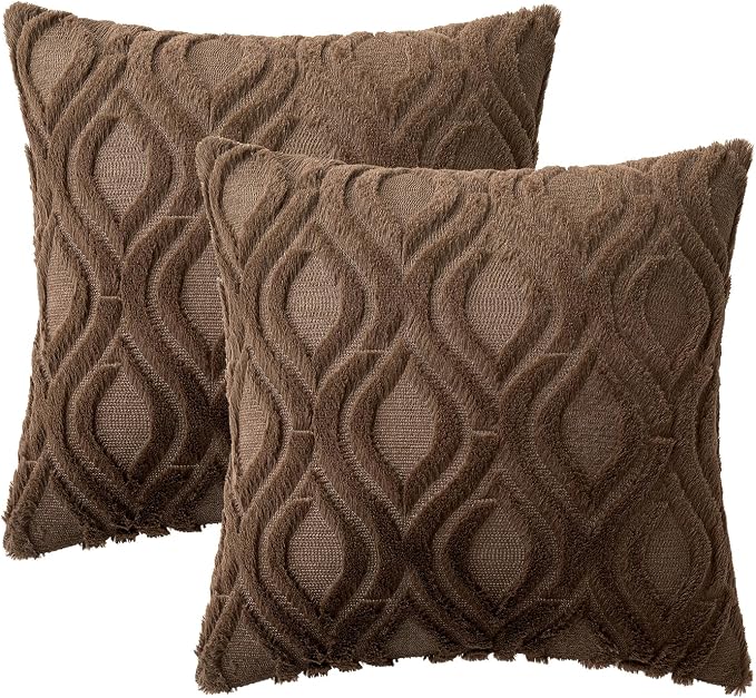 MIULEE Dark Brown Soft Plush Faux Wool Throw Pillow Covers 16x16 | Set of 2, Farmhouse Boho Home Decor, Decorative Cushion Covers for Sofa, Living Room, Bed