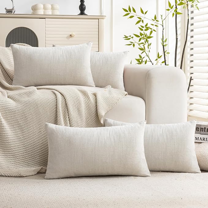 Set of 4 Soft Textured Decorative Throw Pillow Covers 12X20 Inch Cozy Farmhouse Cushion Cover Square Accent Pillow Cases for Bed Couch Sofa Living Room, Cream White