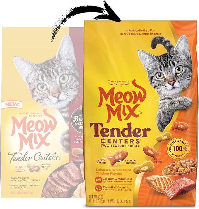 Meow Mix Tender Centers, Salmon & White Meat Chicken Flavors, 4 Bags | 3-lb bags, dry cat food with two texture kibble, meaty center surrounded by a crunchy outer layer