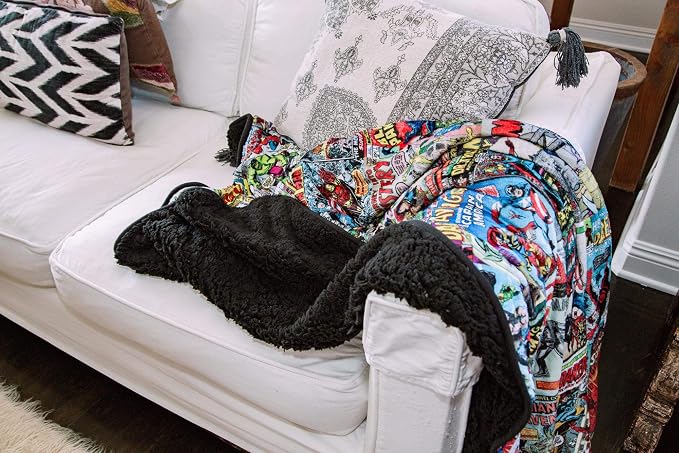 Marvel Comics Oversized Fleece Throw Blanket With Spider-Man, Captain America, Black Panther, More | Superhero Geeky Home Decor | Soft And Cozy Sherpa Blanket | 54 x 72 Inches