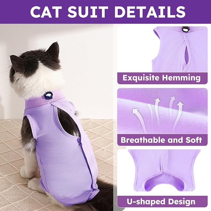 Hpetppy Cat Recovery Suit for Spay Abdominal Wound, Breathable Kitten Onesie for Cats After Surgery, Anti Licking Cat Cone Alternative, Pet Surgery Recovery Shirt-Purple(L)