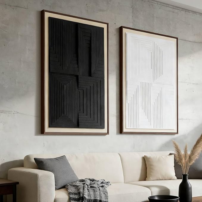 Thalasse Modern Abstract Wall Art Bedroom Framed 3D Black White 16x24 In | Textured geometric sandstone minimalist pictures, office meeting room decor, 2 piece set
