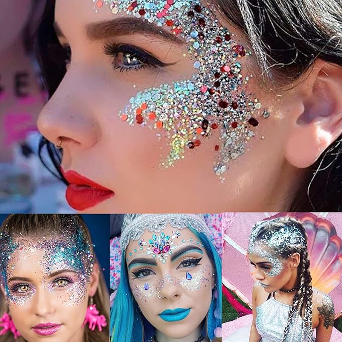 MEICOLY Silver Body Glitter,Music Festival Outfits for Women,Face Glitter Gel Festival Accessories,Chunky Glitter Face Paint,Mermaid Sequins Hair Glitter Makeup,Sparkle Body Glitter Gel for Women Kids