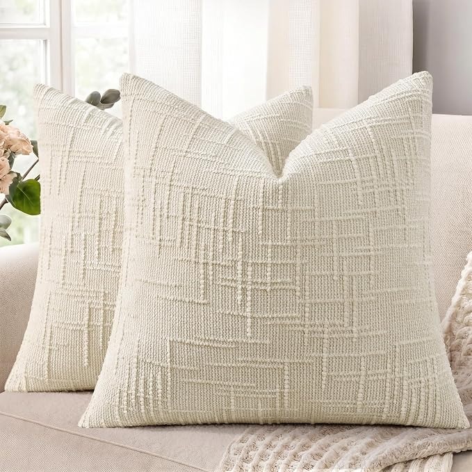 decorUhome Textured Chenille Throw Pillow Covers 26x26 Set of 2 Light Cream | Fall Modern Farmhouse Soft Cozy Slubby Couch Pillow Cases Boho Decorative Pillow Cases for Bed Sofa Living Room Home Decor