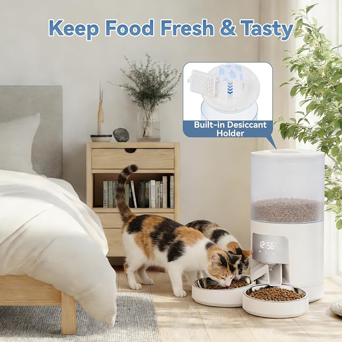 Sweetcrispy Automatic Cat Feeder for 2 Cats, 6L Automatic Pet Feeder, White | 25.3 Cups, 2 Stainless Bowls, Programmable Schedule, 6 Meals/Day, 50 Portions/Meal, Dual Power Supply, 10s Meal Call