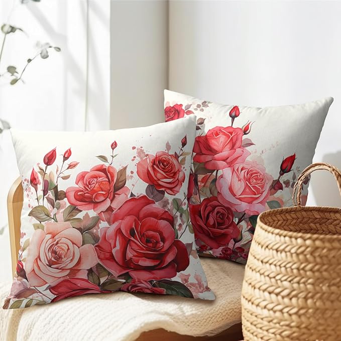 Kawani Red Rose Flowers Pillow Covers 22x22 Inch Colorful Floral Printed Pillowcases Square Cotton Linen Cushion Cover for Couch Sofa Chair Bed Living Room Home Valentines Day Decor
