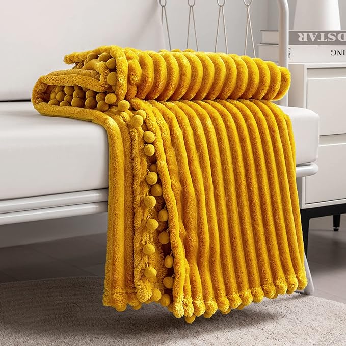 DISSA Fleece Blanket Queen Size – 90x90, Yellow - Soft, Plush, Fluffy, Fuzzy, Warm, Cozy – Perfect Throw for Couch, Bed, Sofa - with Pompom Fringe - Flannel Blanket