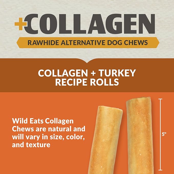 Wild Eats Turkey Flavor Collagen Cheek Rolls 5" 4pk, Pig Ear Substitute | Long lasting treats and bones for medium dogs, retriever style texture, 4 per bag, satisfies natural gnawing urges daily
