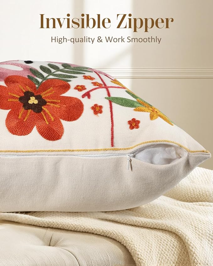 Animal Embroidered Lumbar Pillow Cover 20x12 Inch, Flamingos Floral | Decorative Throw Pillow Cover, Boho Floral Cushion Cases with Hidden Zipper, Cottagecore Decor for Couch, Sofa, Bed