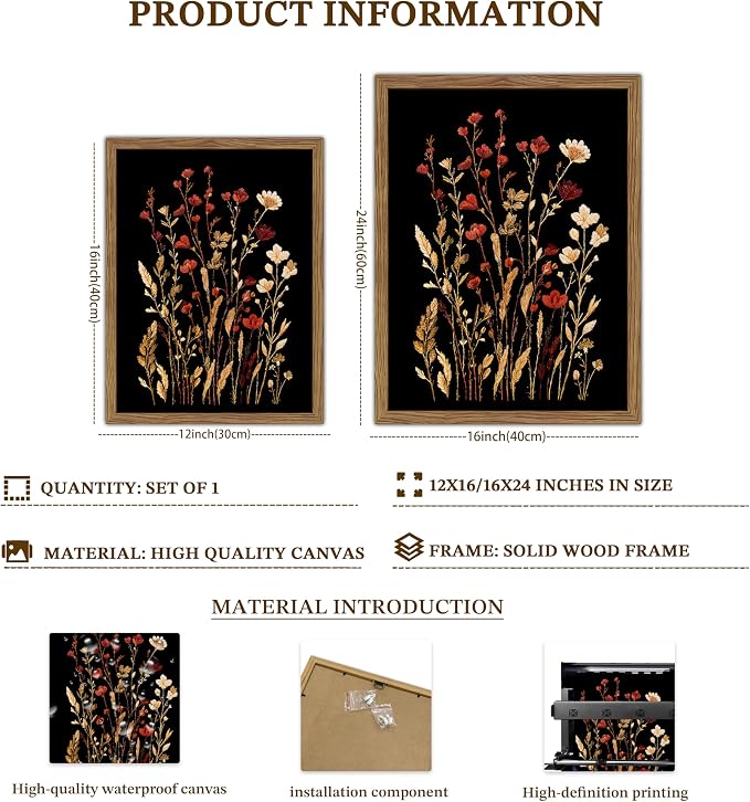 Framed Vintage Floral Wall Art, Dark Wildflower Botanical Canvas Wall Decor Paintings, Rustic Moody Flower Artwork Poster Print Picture for Bathroom Bedroom Living Room 12x16 Inch