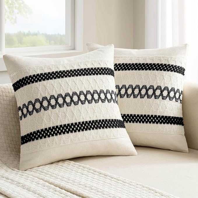 MIULEE Set of 2 Black Boho Decorative Pillow Covers 18x18 Inch | Farmhouse Couch Throw Pillows, Modern Cotton Cushion Covers, Macrame Woven Spring Home Decor for Bed Sofa Chair