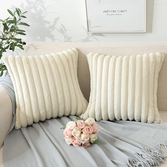 Soleebee Set of 2 Throw Pillow Covers Soft Cozy Velvet Pillowcase Faux Rabbit Fur Cover for Couch Sofa Bed Chair Home Decorative Pillows Cover (16x16 Inch, Ivory White)