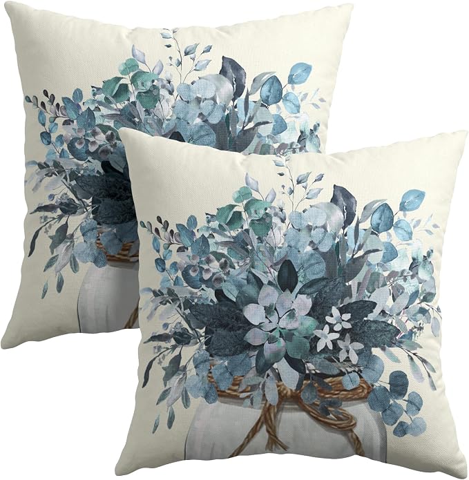 Kawani Blue Eucalyptus Throw Pillow Covers Set of 2, 20x20 Inch Leaves Mason Jar Farmhouse Pillowcases Double Sided Cotton Linen Cushion Cover for Couch Sofa Car Outdoor Home Decor