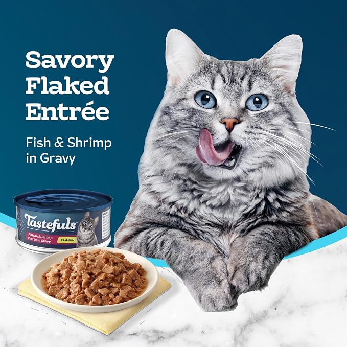 Blue Buffalo Tastefuls Fish & Shrimp Flaked Wet Cat Food, 5.5 oz, 24 ct | Real Fish First, Entrée in Gravy, No Chicken By-Product, Corn, Wheat, or Soy