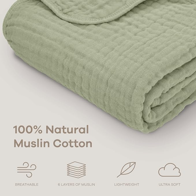 Comfy Cubs Muslin Baby Blanket 40" x 40" L - Swaddle Blankets Sage | Soft, Lightweight, 6-Layer Cotton Breathable Baby Blankets - Comfortable, Gentle & Versatile Cotton Baby Blankets for Sleep