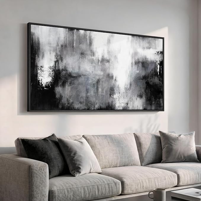 Large Framed Black and White Abstract Wall Art for Living Room, 30x60 In | Grey horizontal canvas prints, Neutral modern pictures, Minimalist artwork, Modern wall decor for bedroom dining room office