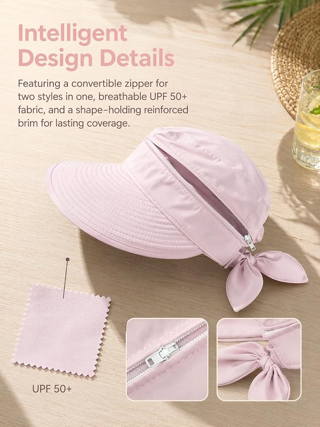 2-in-1 Women’s Sun Visor Sun Hat Zipper Off Ponytail Friendly, Lightweight Quick Dry, Summer UV Protection