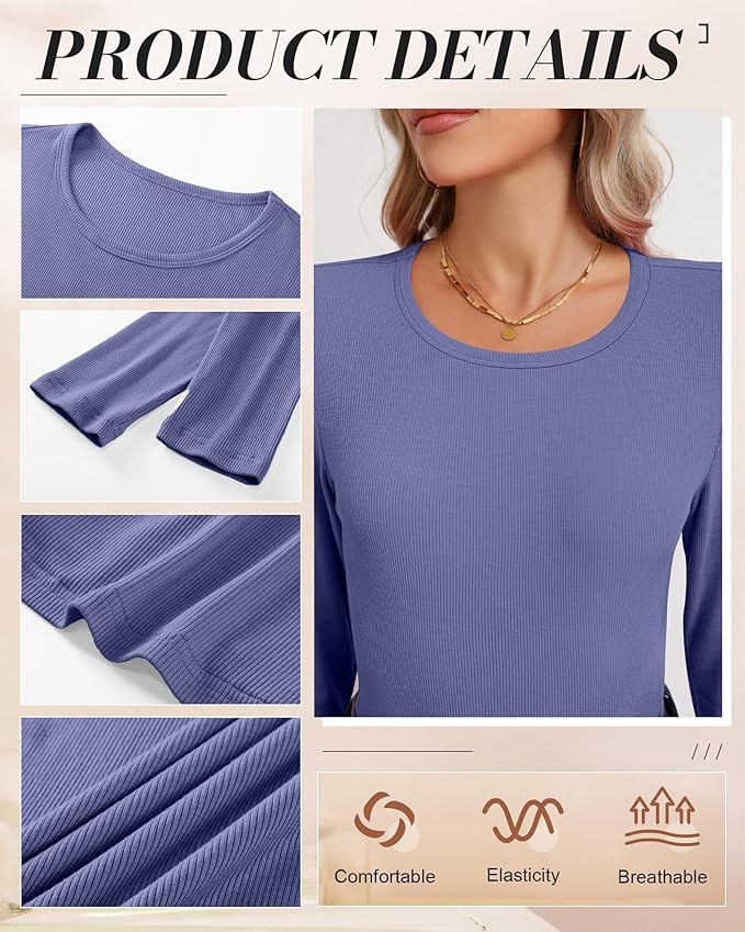Ficerd 3 Pack Women's Ribbed Long Sleeve Tops, Crew Neck Slim Fit Undershirts Knit Basic Casual Stretch Layering Tee Shirts