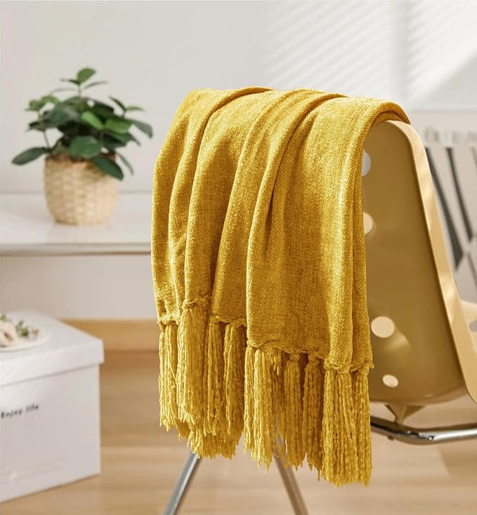 Chenille Throw Blanket for Couch 50" x 60", Yellow | Soft Cozy Warm Throws with Fringe Tassel, for Living Room Bed Sofa Chair Cover, Lightweight Knitted Decorative Boho Blankets