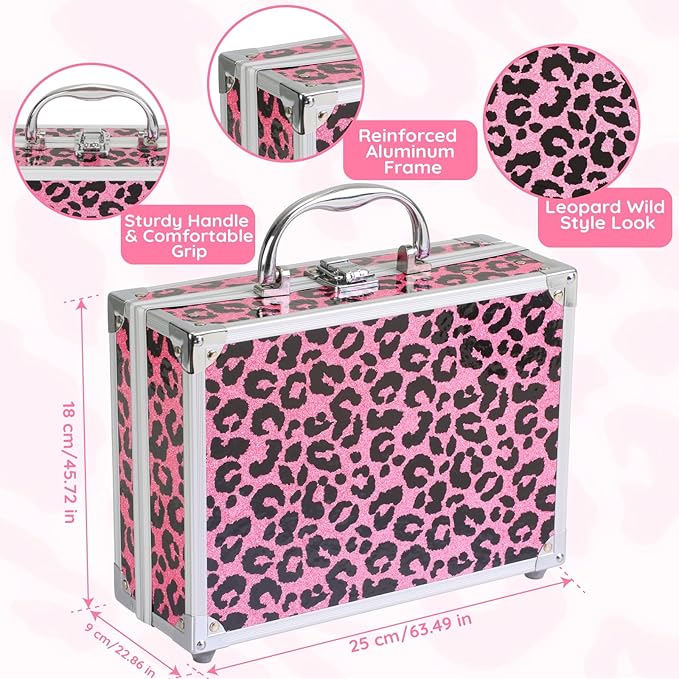 Anpro All-In-One Leopord Double Folding Makeup Kit with Case, Pro Teen Makeup Set, Full Starter Kit with Makeup Brushes, Lipsticks, Eyeshadow Palette, Blushes, Glitter Gel, Ideal Present for Girls