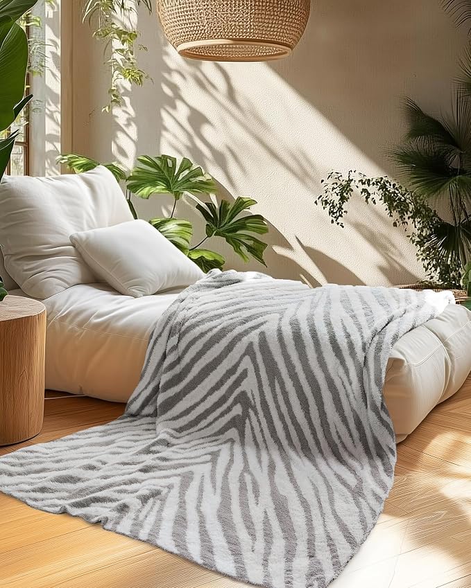 Knit Throw Blanket for Couch, Soft Cozy Fluffy Knitted Blanket for Sofa, Bed, Gift for Women Girls Home Decor (Zebra-Light Gray, Twin 60"x80")