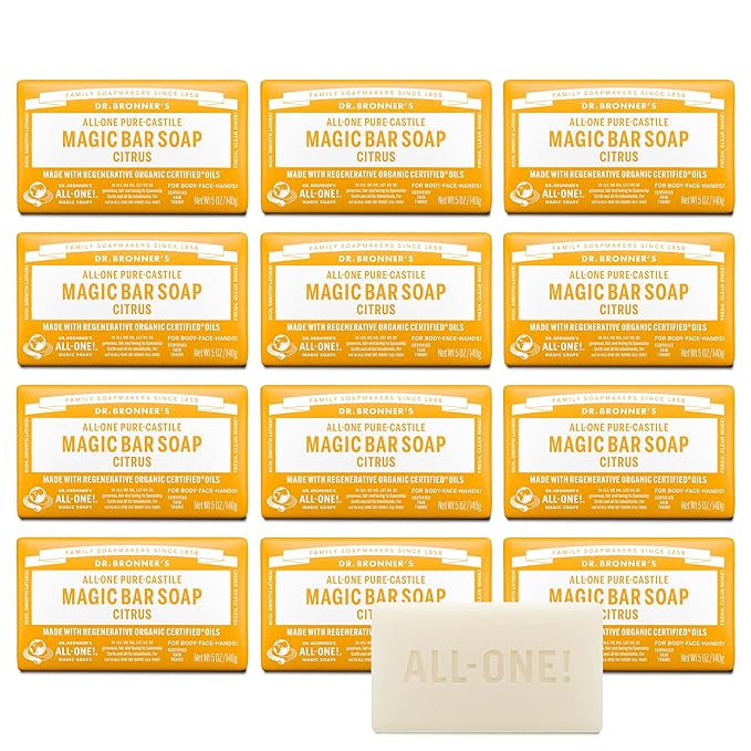 Dr. Bronner's Pure-Castile Magic Bar Soaps - Made with Regenerative Organic Certified Oils - For Face, Body, Hair- Vegan Soap Bars for Men & Women - Citrus, 12 pack, 5 oz