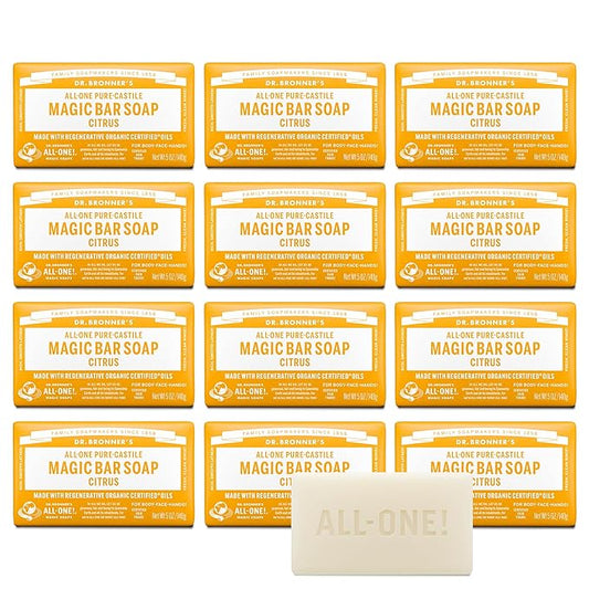Dr. Bronner's Pure-Castile Magic Bar Soaps - Made with Regenerative Organic Certified Oils - For Face, Body, Hair- Vegan Soap Bars for Men & Women - Citrus, 12 pack, 5 oz