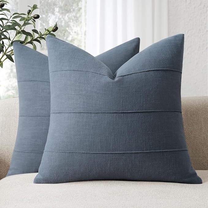 Decorative Linen Throw Pillow Covers 16x16 Set of 2 Solid Handcrafted Striped Cushion Covers for Bed Soft Modern Farmhouse Neutral Pillowcase for Couch Bedroom Living Room Home Decor(Slate Blue)