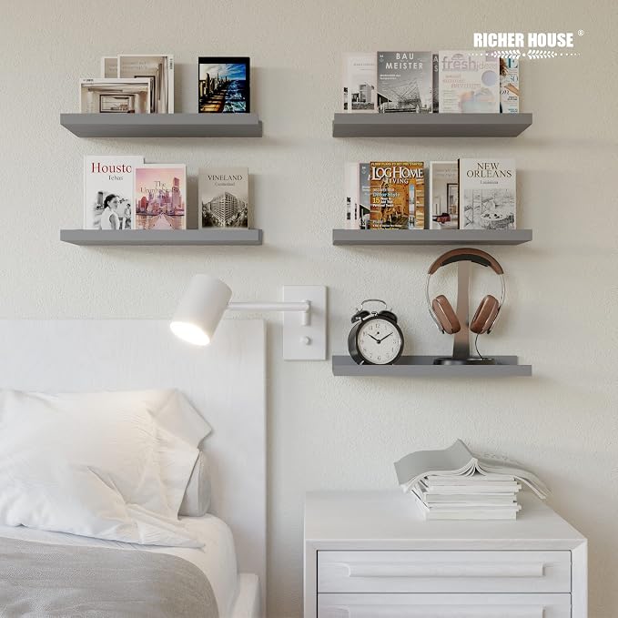 RICHER HOUSE 5-Set Floating Shelves with Lip, Grey Wall Mounted Wood Shelf | Display Picture Ledge Shelf, Anti-drop lip Shelf for Room Wall Decor, Bedroom Bathroom Storage Nursery Books, Easy Setup 16in