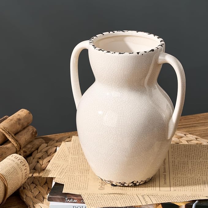 Emotionally Grounded Vase, Vaseking Large Ceramic Rustic Vase with 2 Handles, 8.3 inch Minimalist Decorative Farmhouse Vases for Home Decor, Living Room, Enterway, Table Decoration, Ice Cracked White