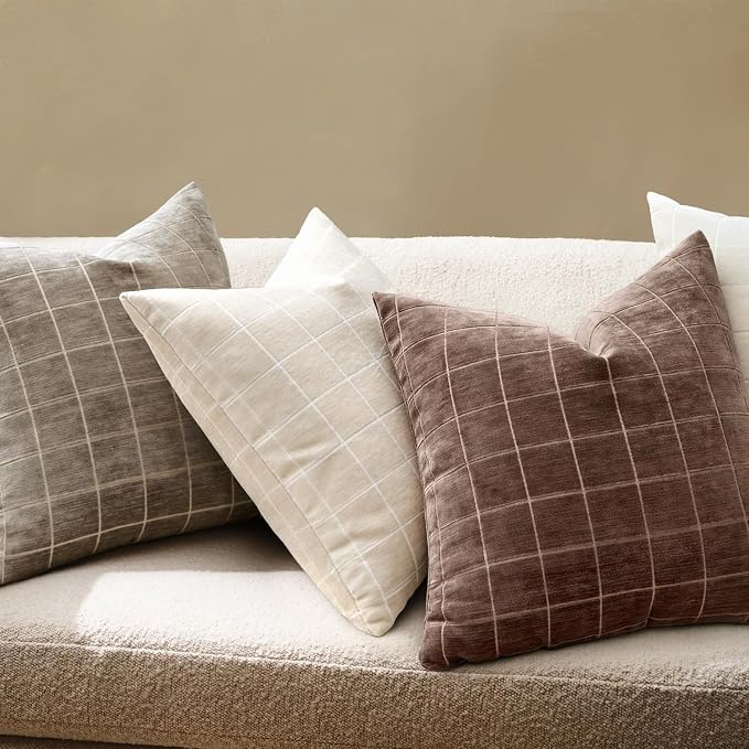 MIULEE Reddish Brown Plaid Fall Euro Throw Pillow Covers 22x22 Set of 2 | Vintage, Check Chenille Couch Pillows, Boho Farmhouse Cushion Covers, Modern Home Decor for Sofa Bed Living Room