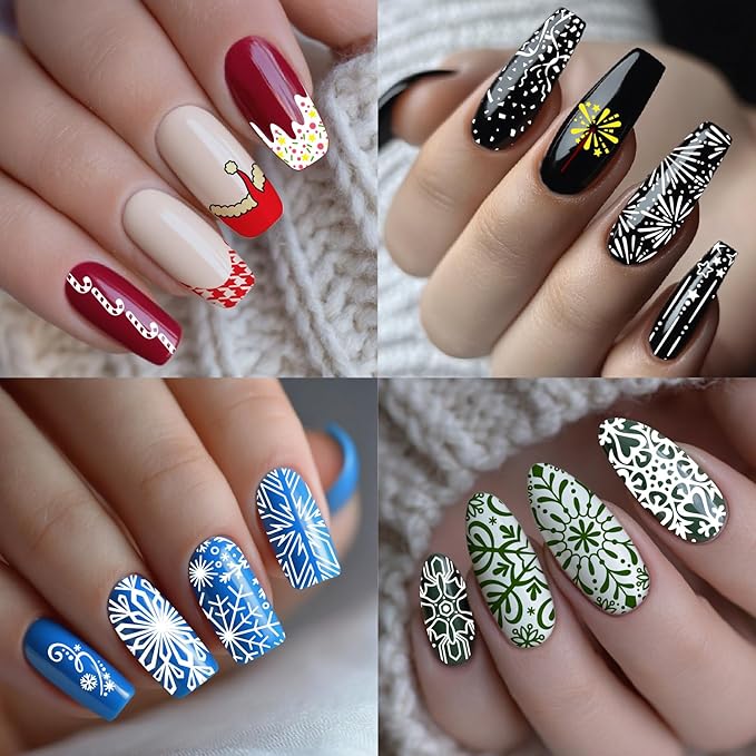 Arbuya Christmas Nail Art Stamping Plates Set of 3 - Winter Snowflakes Fireworks French Tips Stainless Steel Manicure Art Tools for DIY Print Manicure Salon Design Gift Supplies