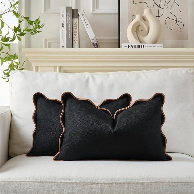 Scalloped Pillow Covers Set of 2 for Living Room | Decorative Sofa Couch Lumbar Pillows | Boho Sytle Decorative Home | Aesthetic Funky Preppy Pillow Cases (Black & Brown, 12x20 Inch)