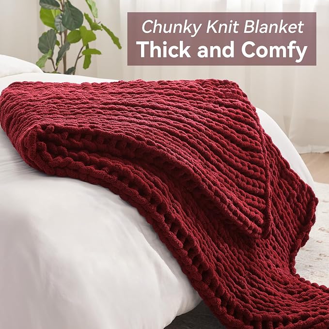 Negwoo Chunky Knit Throw Blanket, Knitted Throw Chenille Yarn, 30"*40" | Soft Thick Cable Knitted Blankets, Handmade Big Thick Blanket, Machine Washable Cute Comfy Blanket for Home Decor, Red