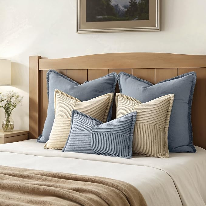 MIULEE Decorative Lumbar Throw Pillow Covers 12x20 Inch Dustyblue 2 Pack | Boho Broadside Striped Patchwork Pillow Covers, Soft Corduroy Cushion Cases, For Couch Sofa Bed Livingroom Home Decor