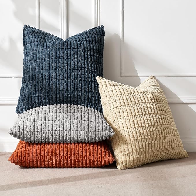 MIULEE Pack of 4 Corduroy Throw Pillow Covers 18x18 Inch Blue and Orange | Boho Farmhouse Modern Retro Soft Striped Pillow Covers,Home Decor for Sofa Living Room,Couch,Bed