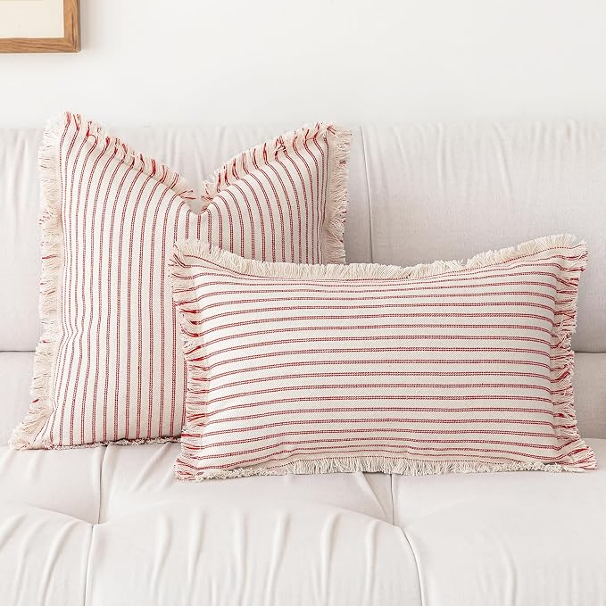 YEENAASY Throw Pillow Covers 18x18 Boho Striped Pillow Cases with Tassel | Set of 2 Fringe Pillow Cover Farmhouse Cushion Covers Neutral Pillows Decorative Square Pillowcase for Couch Sofa Bed, Red