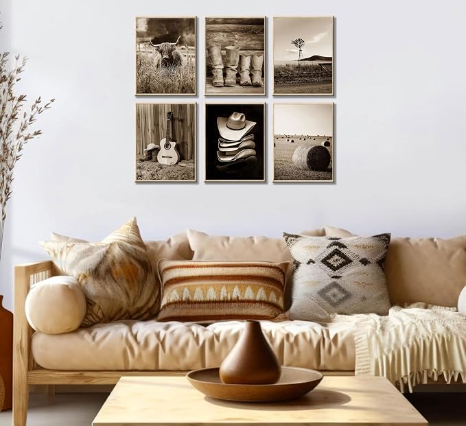 6Pcs Vintage Western Cowboy Wall Art, Highland Cattle Prints, 10" L x 8" W | Rustic Farmhouse Canvas Posters, Country Western Style Wall Decor for Bedroom and Kitchen, Unframed