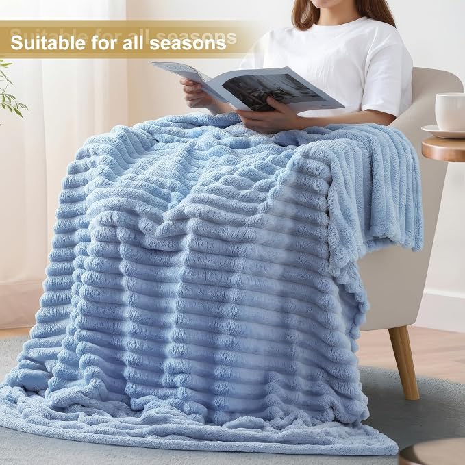 decorUhome Blue Grey Fleece Twin Blanket 60x80 Inches | Soft Couch Cozy Fluffy Plush Flannel Striped Blanket for Sofa Bed, Lightweight Decorative Ribbed Fuzzy Blanket for Woman