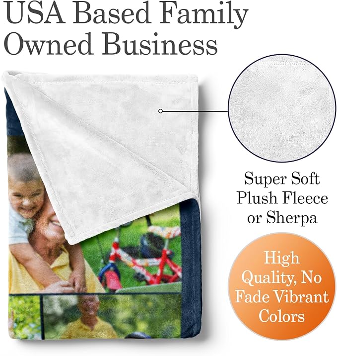 Personalized Photo & Text Blanket, Custom Picture Fleece Throw (7-Pic) | Printed in USA, ships next day, add 1-9 photos & custom text, fleece or sherpa, family keepsake gift, cozy home decor